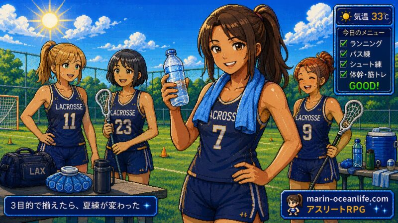 3目的で冷却グッズを揃えて真夏のラクロス練習を快適にこなすゆっきーとチームメイト