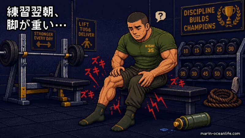 連戦の翌日、ジムで脚を揉む岸くん「練習翌朝、脚が重い…」