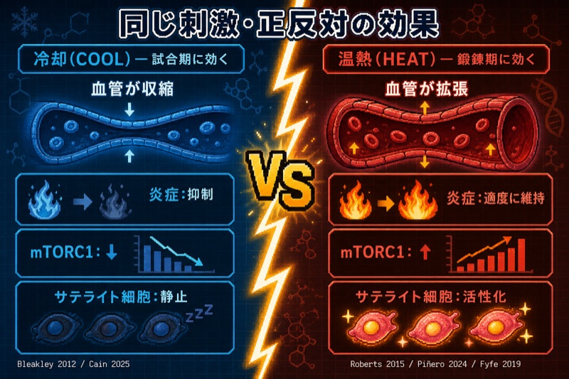 左右分割の血管図解で冷却(COOL/試合期)と温熱(HEAT/鍛錬期)が血管・炎症・mTORC1・サテライト細胞で正反対の作用を持つメカニズム
