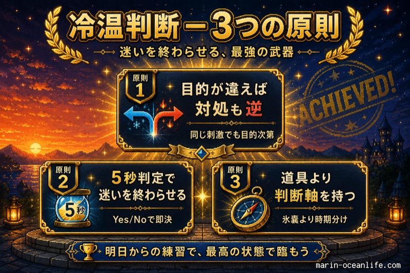 JRPG エンディング画面風の3つの原則バッジ(目的次第・5秒判定・判断軸)と達成バナーで冷却と温熱の使い分けを総まとめ