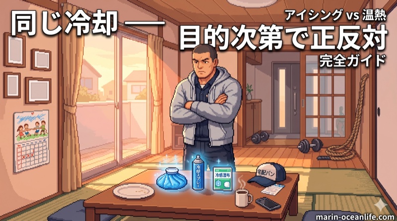 仕事前の自宅リビングで冷却グッズを前に冷やすべきか温めるべきか迷うウェイトリフター岸くんの判断シーン