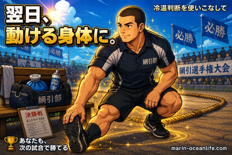 綱引き決勝戦の朝、冷却グッズを使いこなしたウェイトリフター岸くんがストレッチを終えて自信の笑みで試合に臨むSuccess(After)シーン