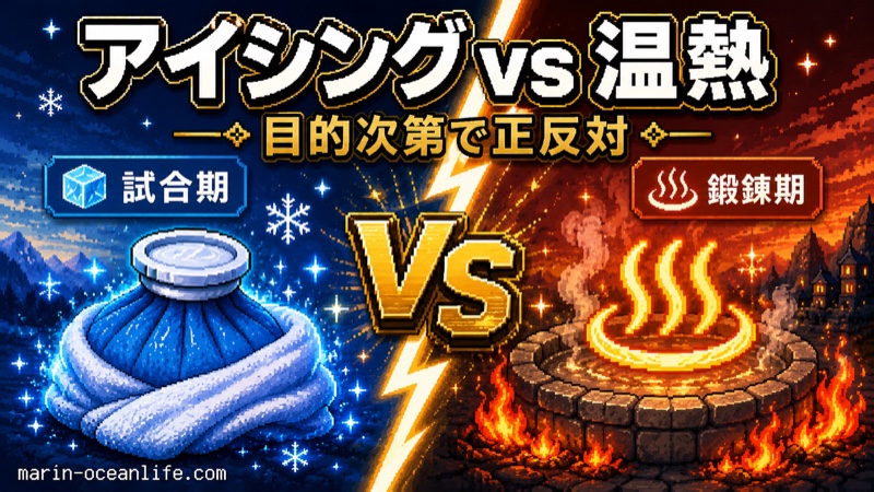 左右分割でアイシング(試合期・氷嚢)と温熱(鍛錬期・温浴)が正反対の効果を持つことを示すアイキャッチ