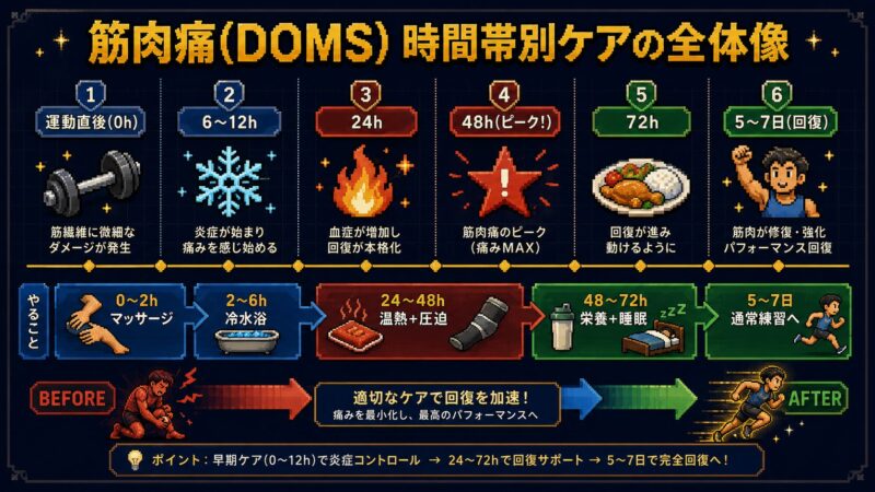 筋肉痛(DOMS)時間帯別ケアの全体像 運動直後から72時間までのタイムライン図解