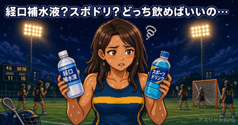 経口補水液とスポーツドリンクを見比べるアスリート(夏のナイター練習)