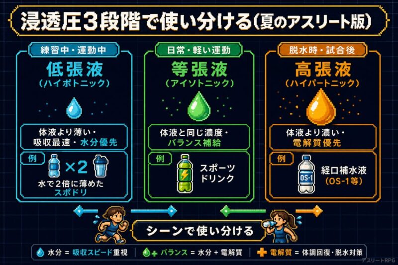 浸透圧3段階(低張液・等張液・高張液)の使い分け図解