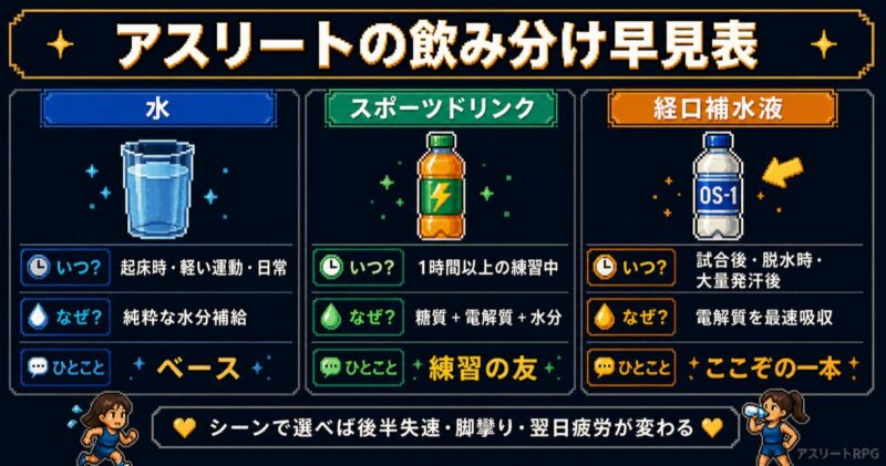 水・スポーツドリンク・経口補水液の使い分け早見表