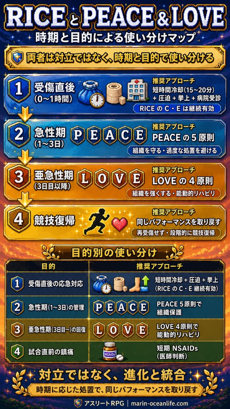 RICEとPEACE&LOVEの時期と目的による使い分けマップ・受傷直後→急性期→亜急性期→競技復帰の時系列フロー