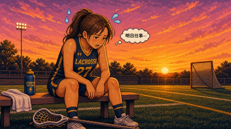 試合直後・夕暮れラクロス場のベンチで肩で息をするゆっきー、ピクセルアート風