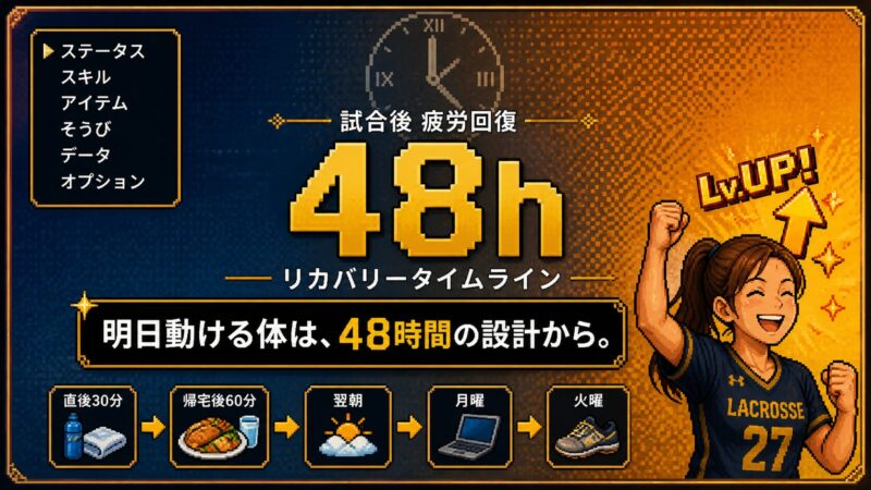 48時間リカバリータイムラインのRPGメニュー風サムネイル、ゆっきーLv.UP! ピクセルアート風