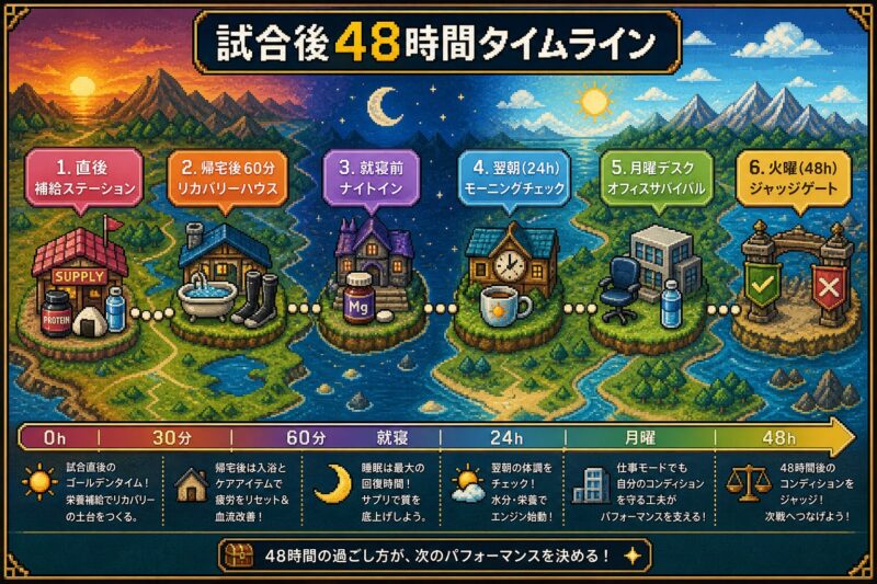 試合直後から48時間後までの6マイルストーンをRPGワールドマップで示した図解、ピクセルアート風