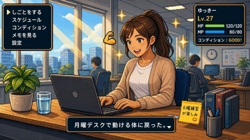 月曜午前のオフィスで元気にPC作業中のゆっきー Lv.27 コンディションGOOD!、ピクセルアート風