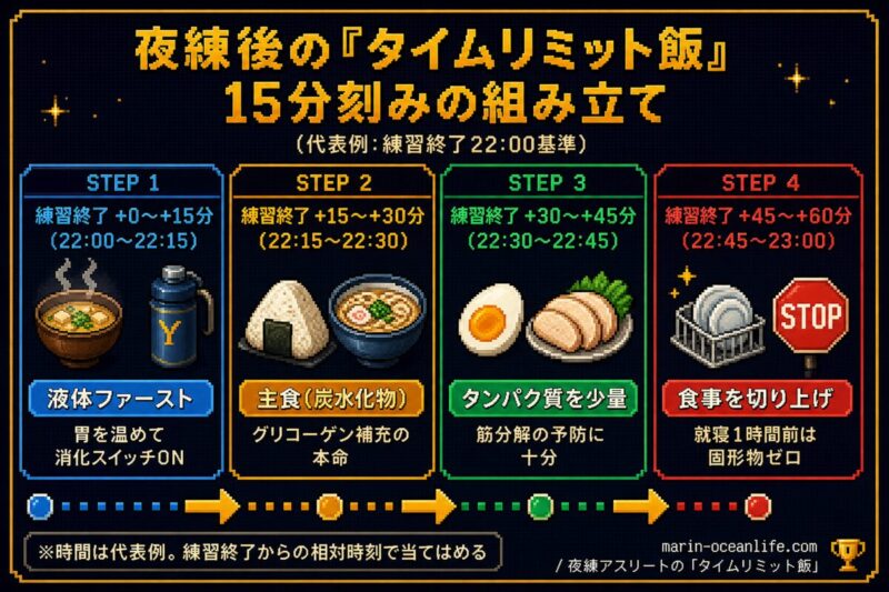 夜練後のタイムリミット飯 15分刻み4ステップ(液体ファースト→主食→タンパク質→食事を切り上げ)タイムライン図解