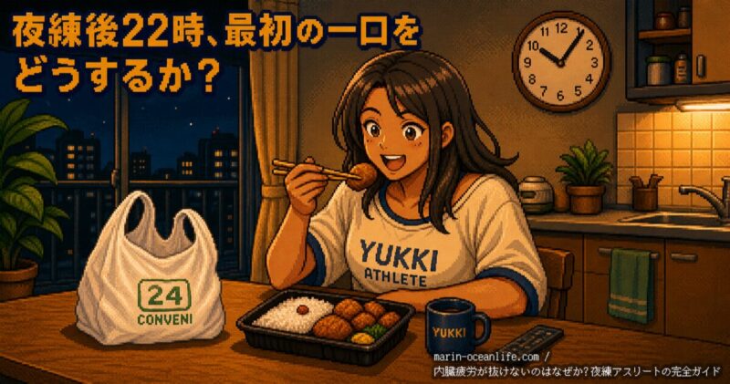 夜練後22時、ゆっきーがコンビニ唐揚げ弁当を前に「最初の一口をどうするか」と悩むシーン