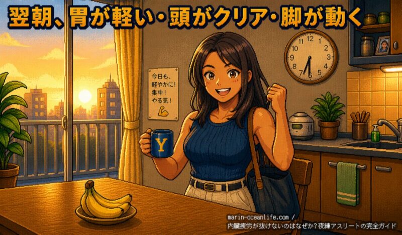 翌朝、ゆっきーが胃が軽く頭がクリアな状態でガッツポーズ・出社準備する成功体験シーン