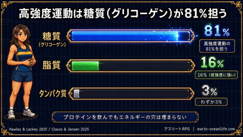 高強度運動のエネルギー源比率：糖質81%・脂質16%・タンパク質3%。プロテインだけではエネルギー不足を補えない