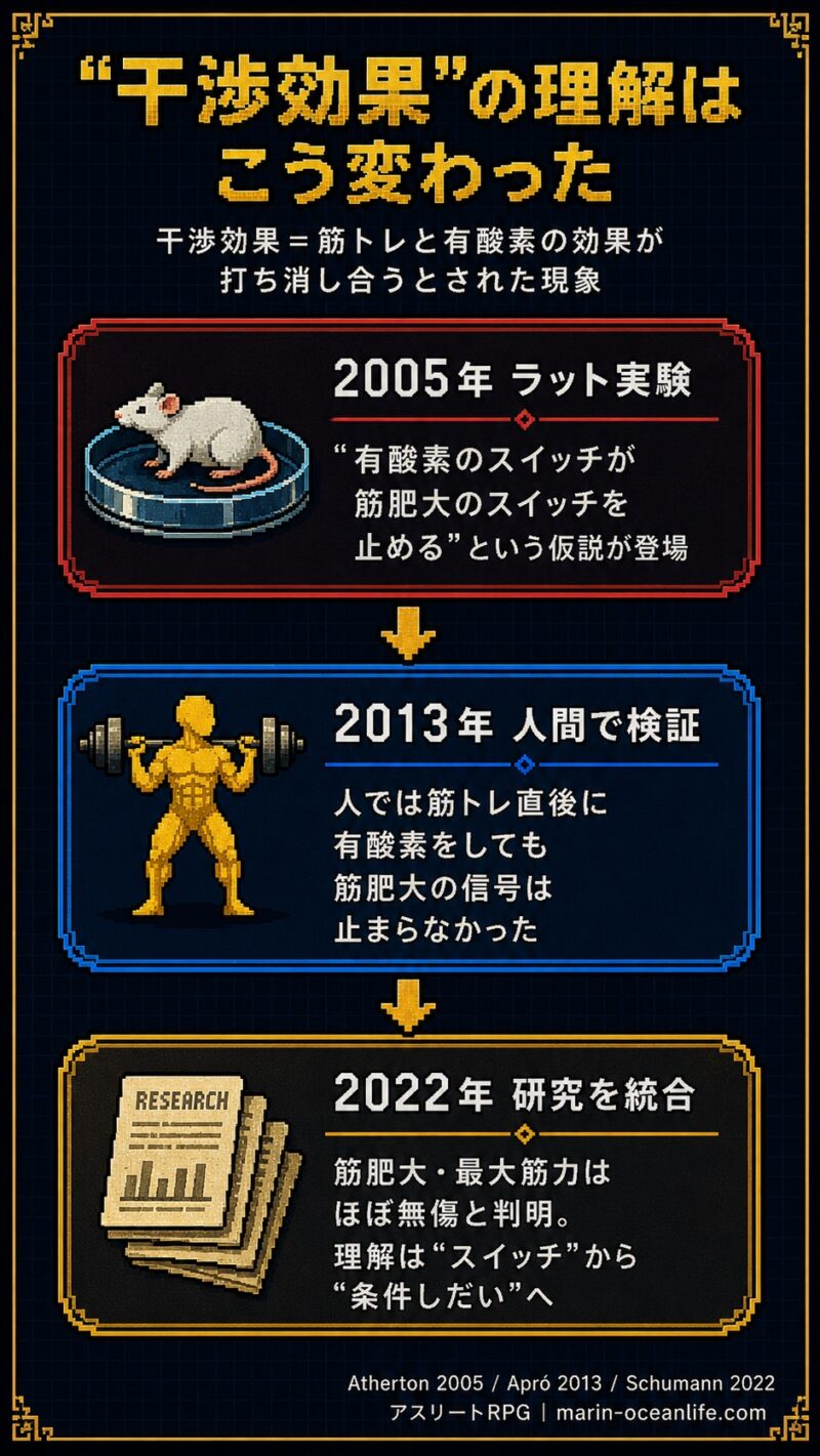 干渉効果の理解が2005年のラット実験から2022年の研究統合へ変わった流れの図解