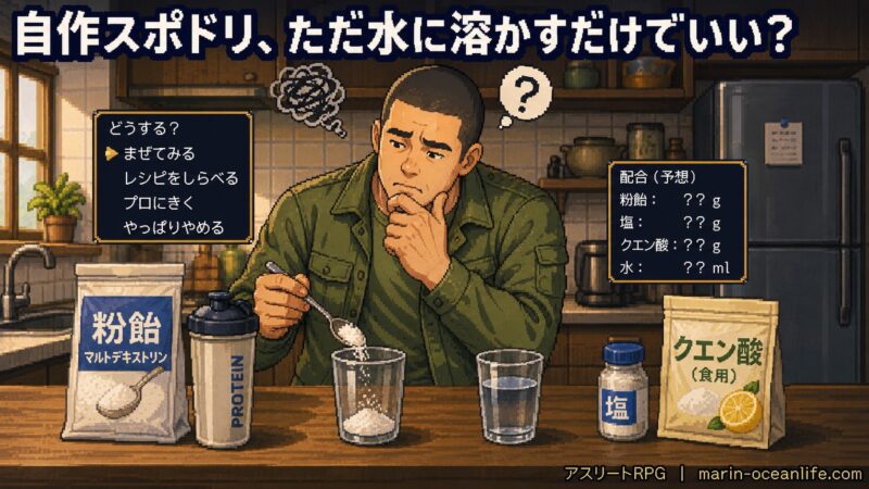 自作スポーツドリンクの粉飴を前に配合に迷う岸くんのイラスト
