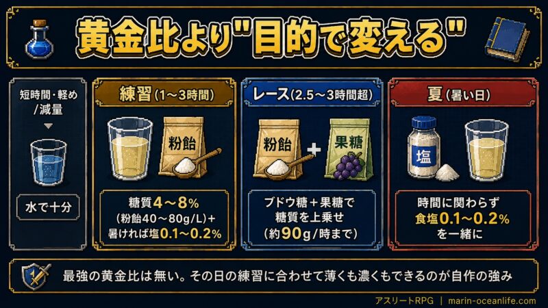 練習・レース・夏で配合を変える自作スポーツドリンクのまとめ早見表