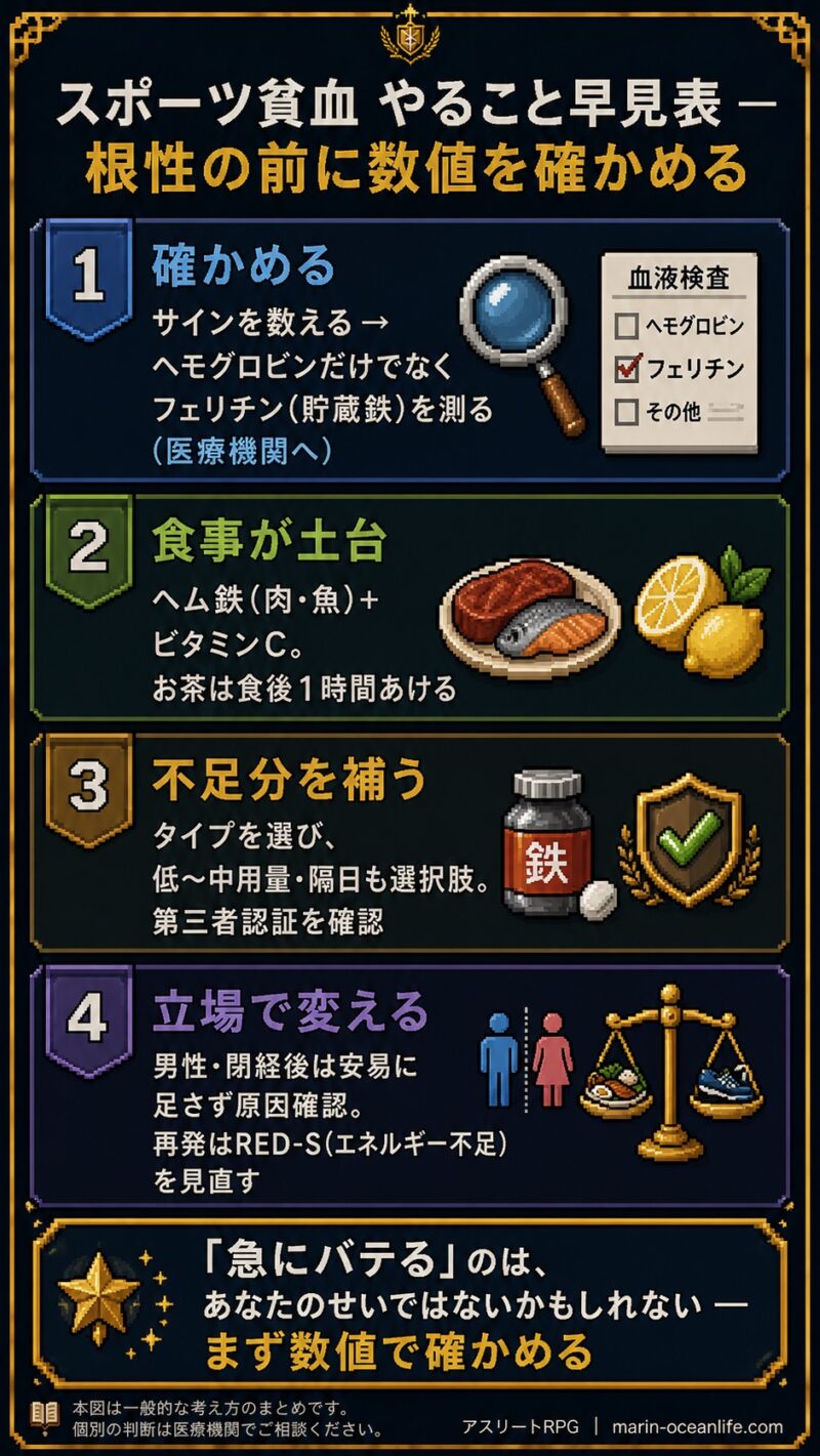 スポーツ貧血やること早見表4ステップ(確かめる・食事・補う・立場で変える)