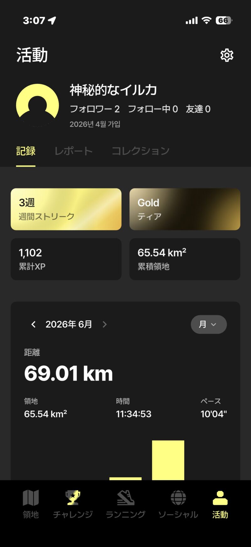 KYROのプロフィール画面。Goldティア・週間ストリーク・累計XPと累積領地が表示されている