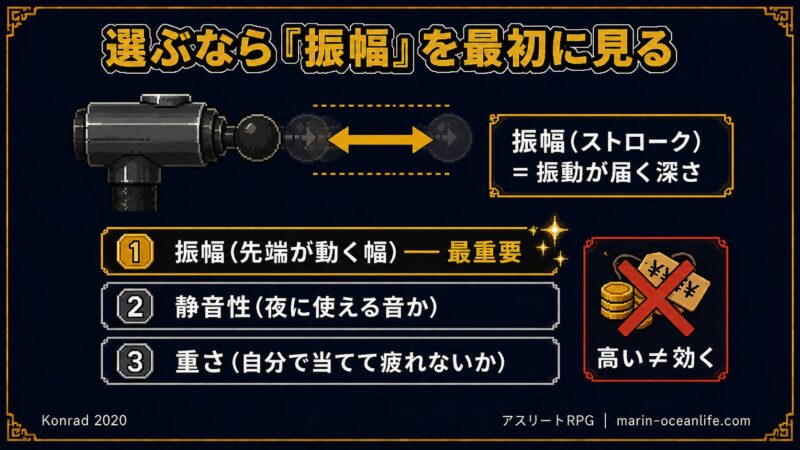 マッサージガンを選ぶなら振幅を最初に見る 振幅は振動が届く深さ 次に静音性と重さ 高い価格と効果は比例しない