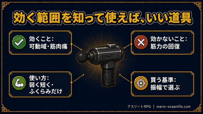 マッサージガンは効く範囲を知って使えばいい道具 効くことは可動域と筋肉痛 効かないことは筋力の回復 使い方は弱く短くふくらみだけ 買う基準は振幅