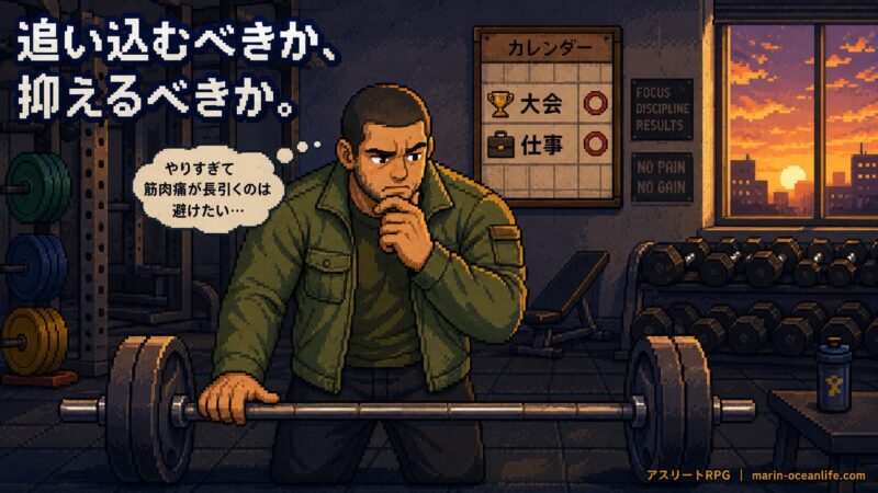 ジムでバーベルの前に立ち、大会と仕事のカレンダーを見ながら『追い込むべきか、抑えるべきか』と迷うアスリートのピクセルアートイラスト