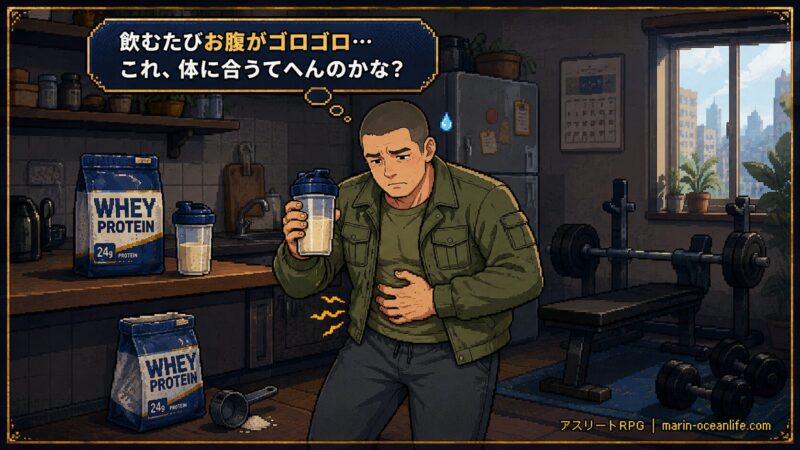 プロテインを飲むたびお腹がゴロゴロして困る男性。買ったのに体に合わないのか不安