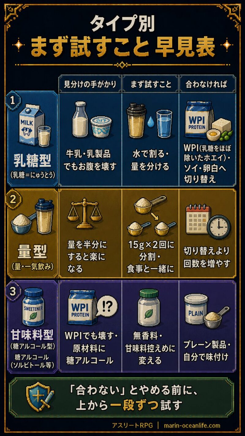 タイプ別まず試すこと早見表。乳糖型・量型・甘味料型の見分けと対策