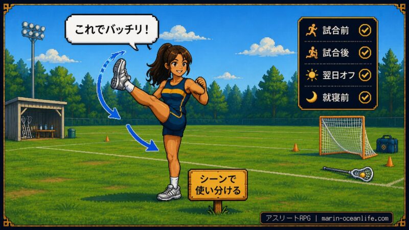 4シーン別ストレッチの使い分けをマスターしたゆっきー。試合前・試合後・翌日オフ・就寝前すべてにチェックが入り「これでバッチリ！」と笑顔