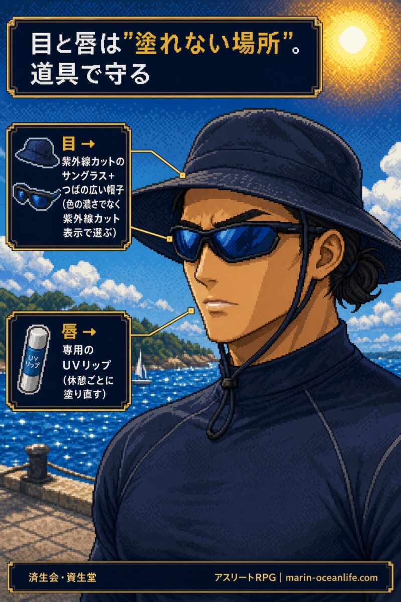 日焼け止めを塗れない目と唇は、サングラス+つば付き帽子とUVリップで守る。