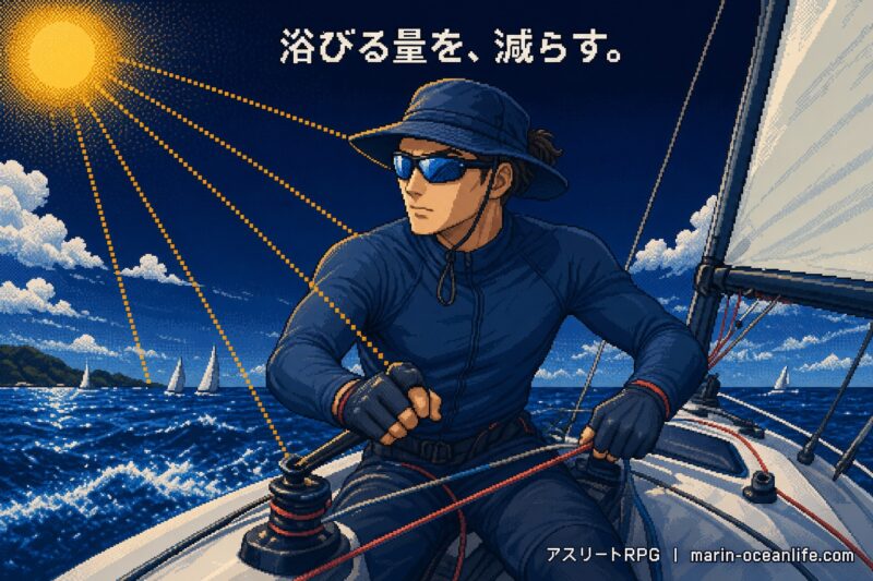 炎天下の水上競技で、長袖UVウェア・つば付き帽子・紫外線カットのサングラスを装備して紫外線対策をする屋外アスリート。