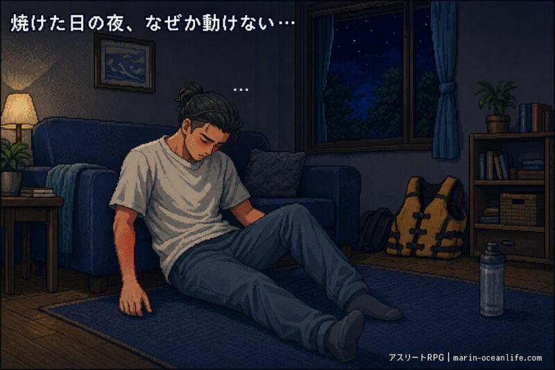 炎天下で競技した日の夜、体が異常に重い。日焼けの後始末に追われているサイン。