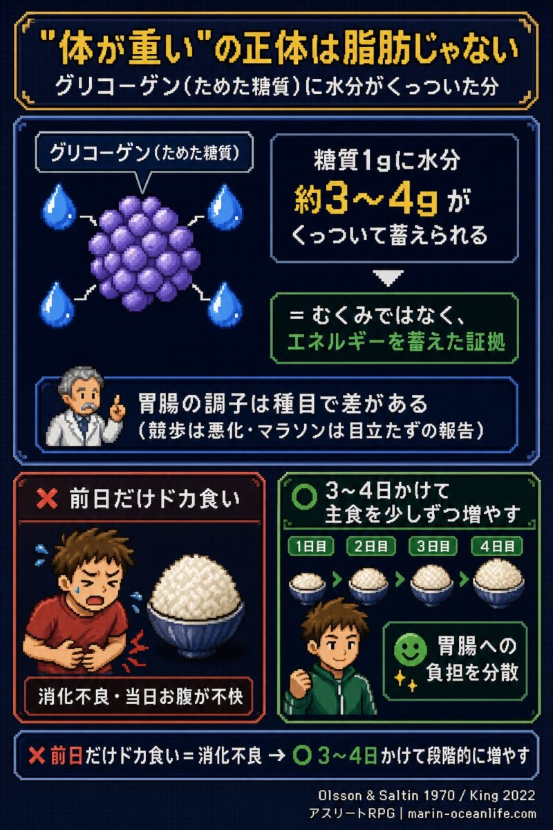 体が重いのはグリコーゲンにくっついた水分。前日だけの詰め込みは避け段階的に増やす