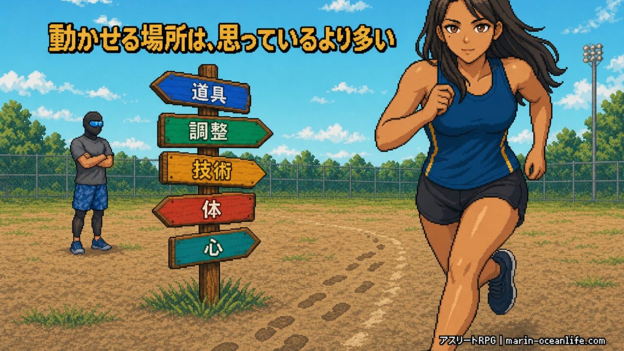 晴れたグラウンドを軽快に走るゆっきーと、道具・調整・技術・体・心の5方向を示す道標、見守る覆面アスリート