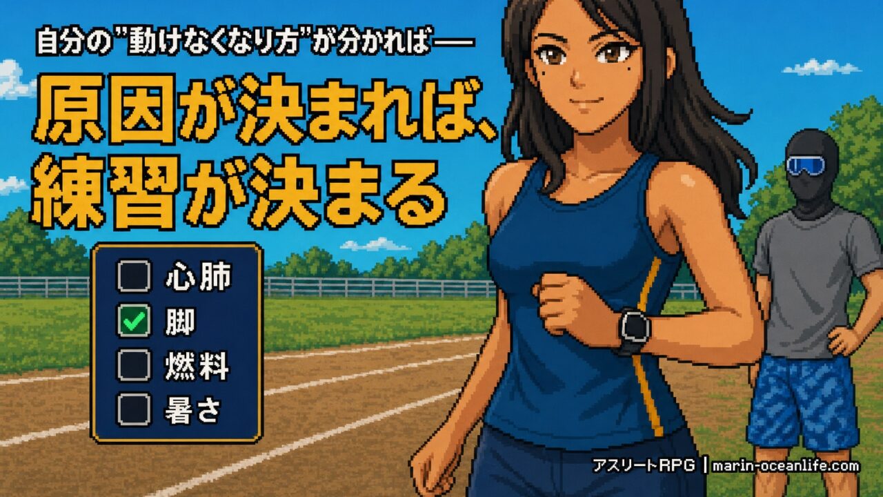 自分の原因を脚だと絞り込み、晴れたグラウンドを軽快に走るゆっきーと、後方で見守る覆面アスリート