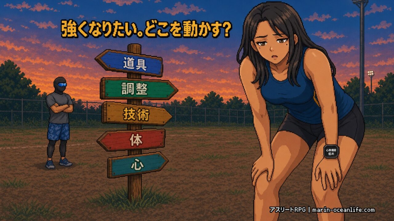 練習の途中で膝に手をつき肩で息をするゆっきーと、道具・調整・技術・体・心の5方向を示す道標