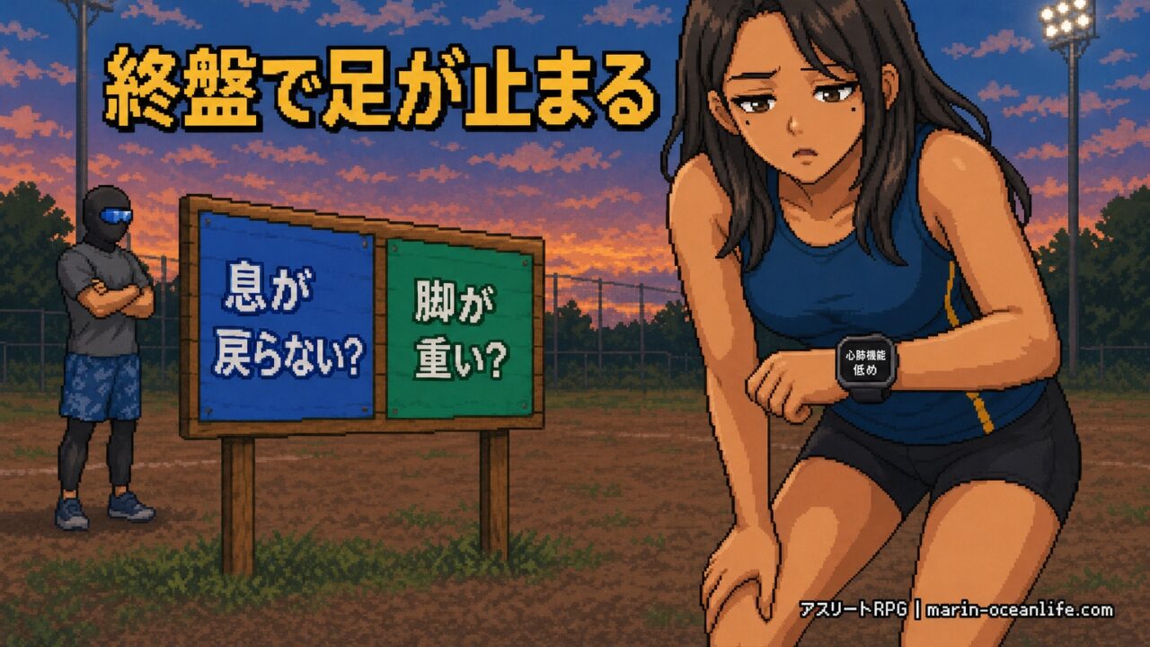 練習終盤に膝へ手をついて肩で息をするゆっきーと、息が戻らない?脚が重い?の2択看板