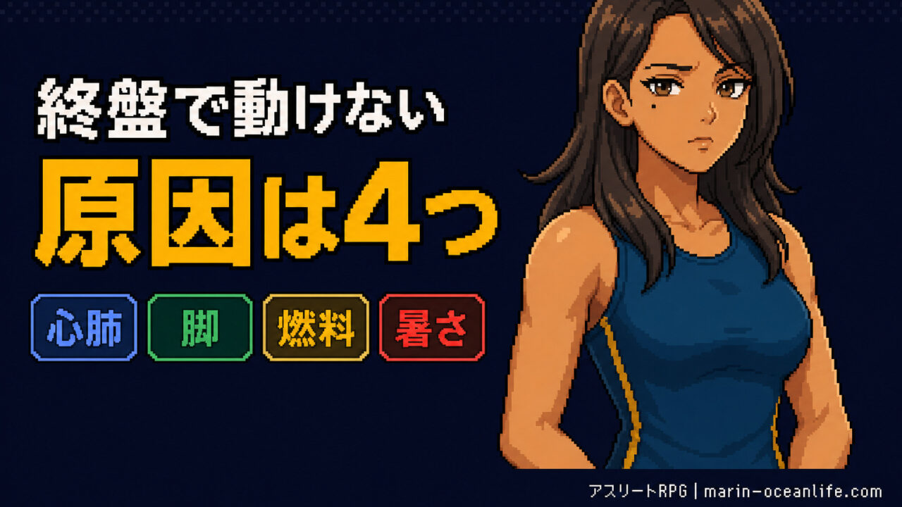 終盤で動けない原因が心肺・脚・燃料・暑さの4つに分かれることを示すアイキャッチ