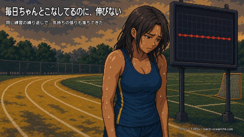 毎日ちゃんとこなしているのに記録が伸びず、肩を落とすラクロス選手