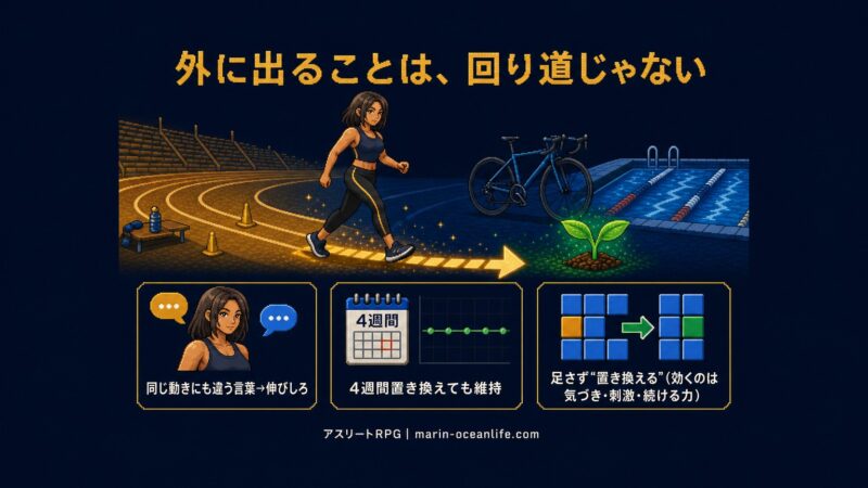 まとめ図解「外に出ることは、回り道じゃない」──同じ動きにも違う言葉・4週間置き換えても維持・足さず置き換える