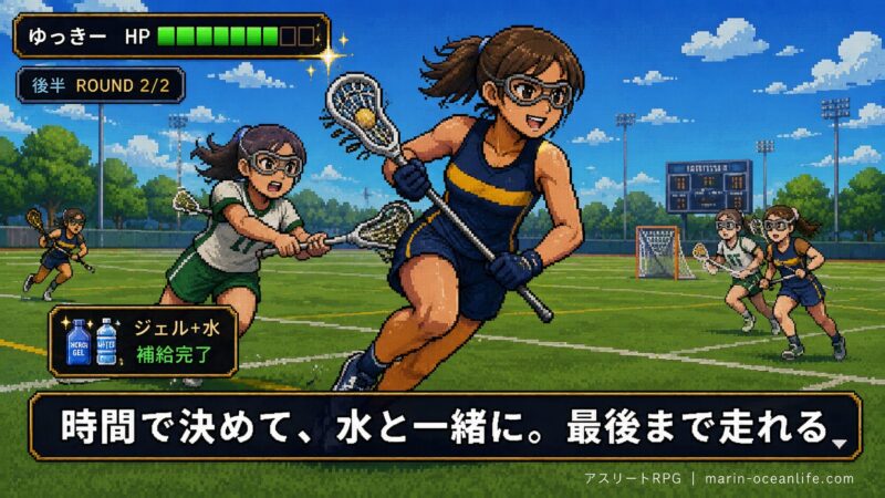 正しい補給で後半も走り切るラクロス選手ゆっきー。Hero画像とペアで悩みの解決を示す場面