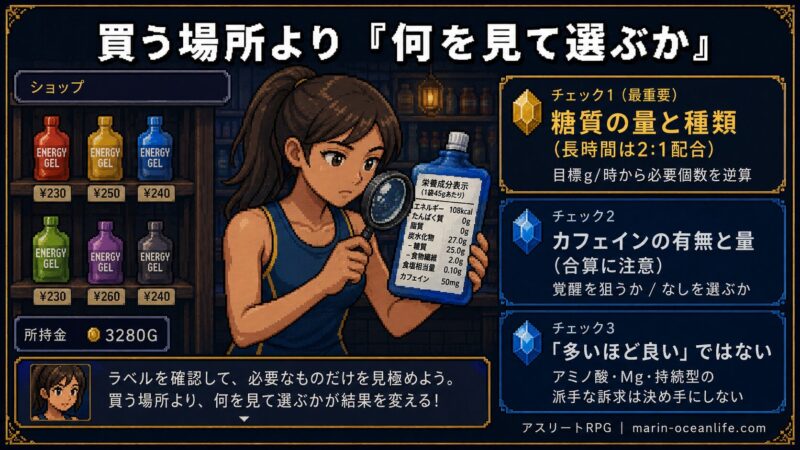 ジェルは買う場所より、糖質の量と種類・カフェインの有無と量・多いほど良いわけではないという3つのチェックポイントで選ぶことを示した図