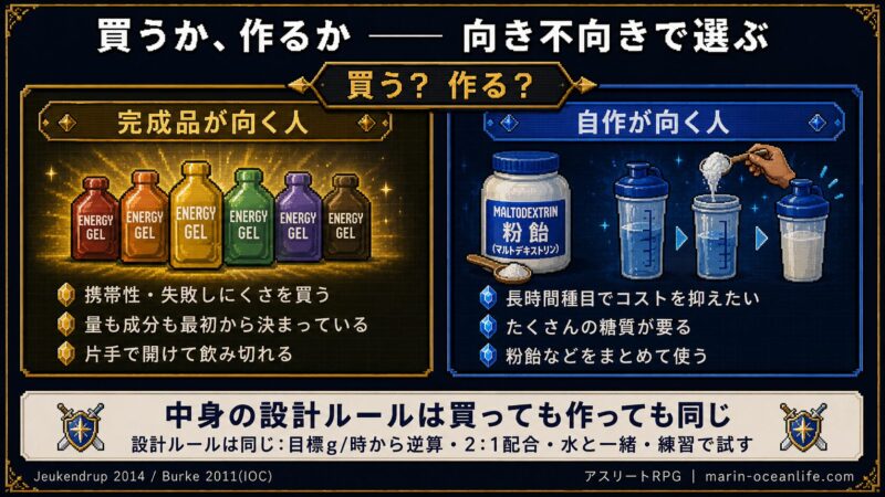 完成品ジェルが向く人と自作が向く人の違い。中身の設計ルールは市販でも自作でも同じであることを示した図