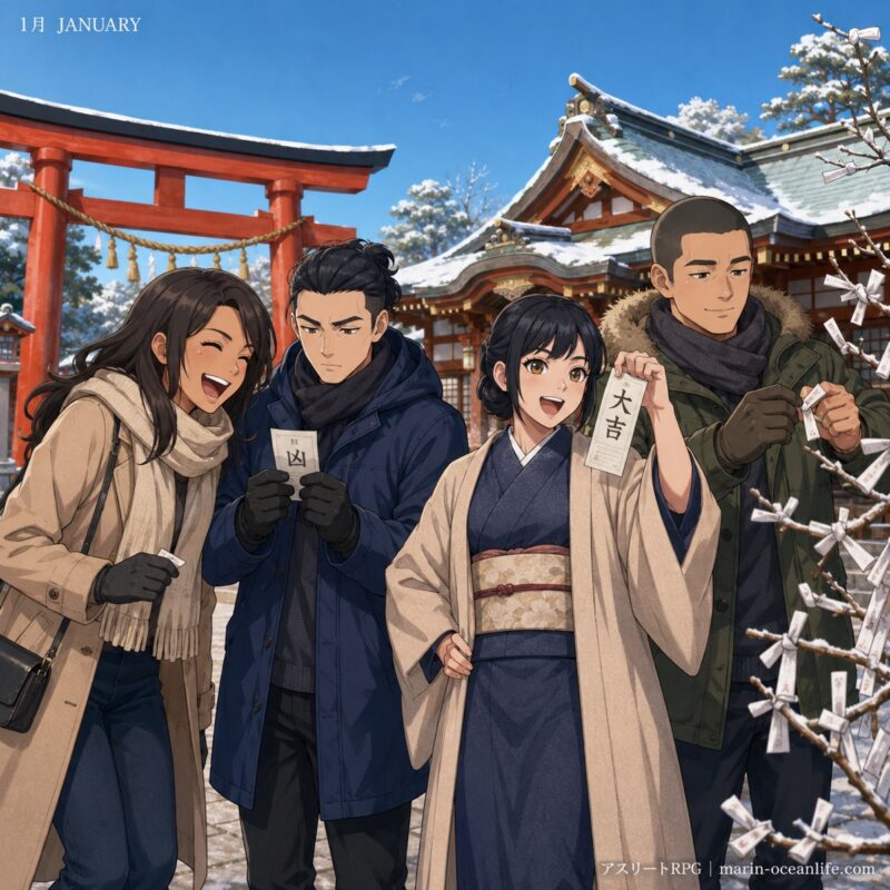 4人が初詣でおみくじを引いている1月のイラスト