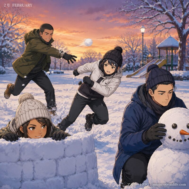 4人が雪合戦をしている2月のイラスト