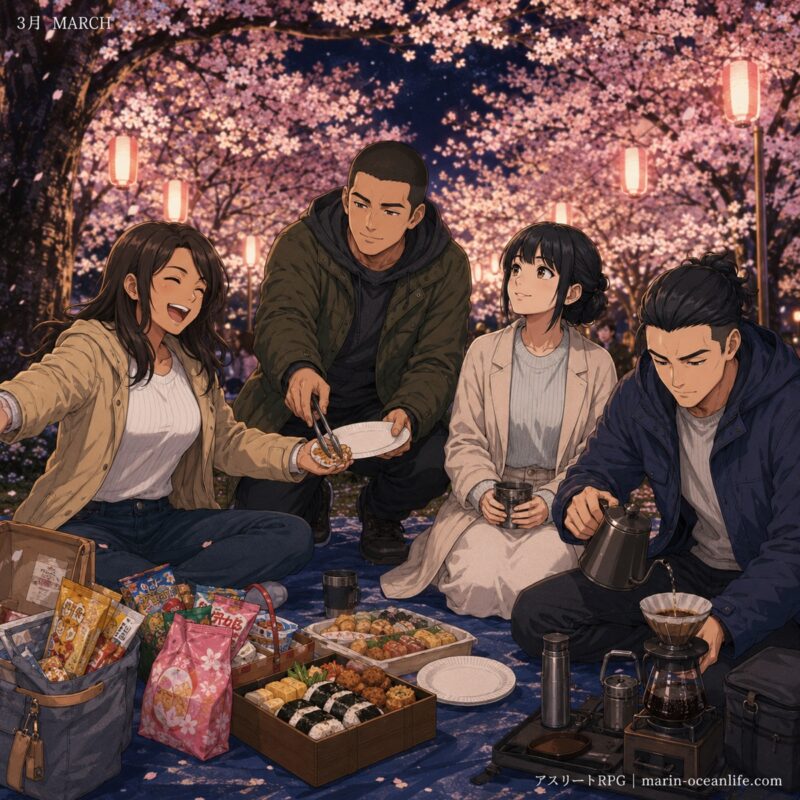 4人が夜桜の下で花見をしている3月のイラスト