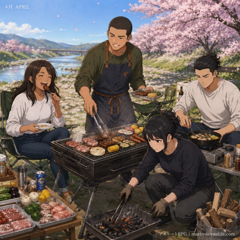 4人が河原でバーベキューをしている4月のイラスト