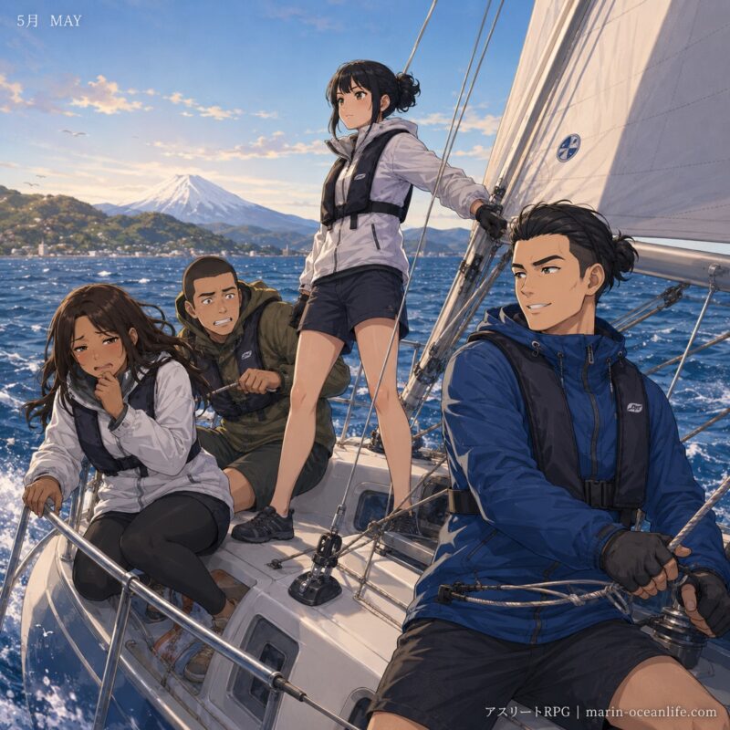 4人が葉山でヨットに乗っている5月のイラスト